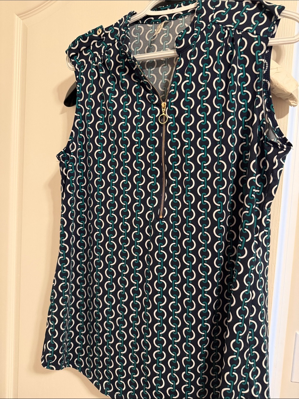 Sleeveless Navy Chain-Print Zip Front Top
